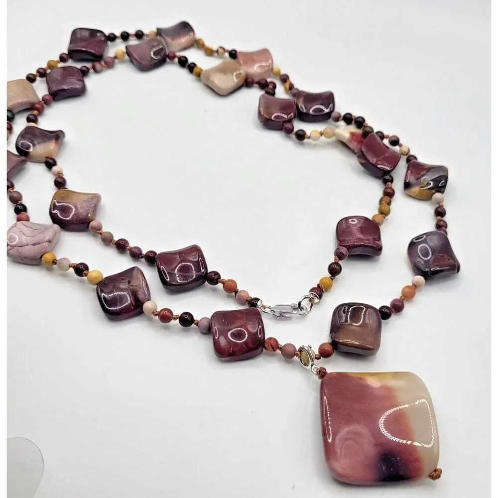 Mookaite Jasper Pendant Necklace Long Strand 36in Knotted Cord